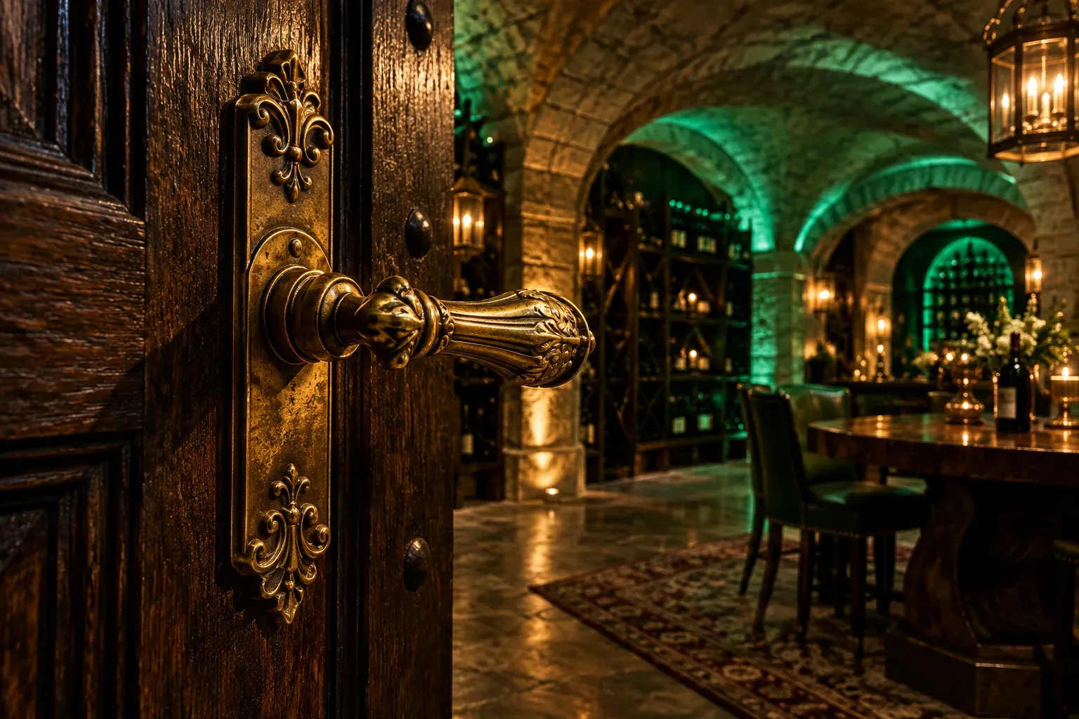 Brass door handle on a timber wine cellar door, standing in for the one genuine entrance to Here2Win Casino