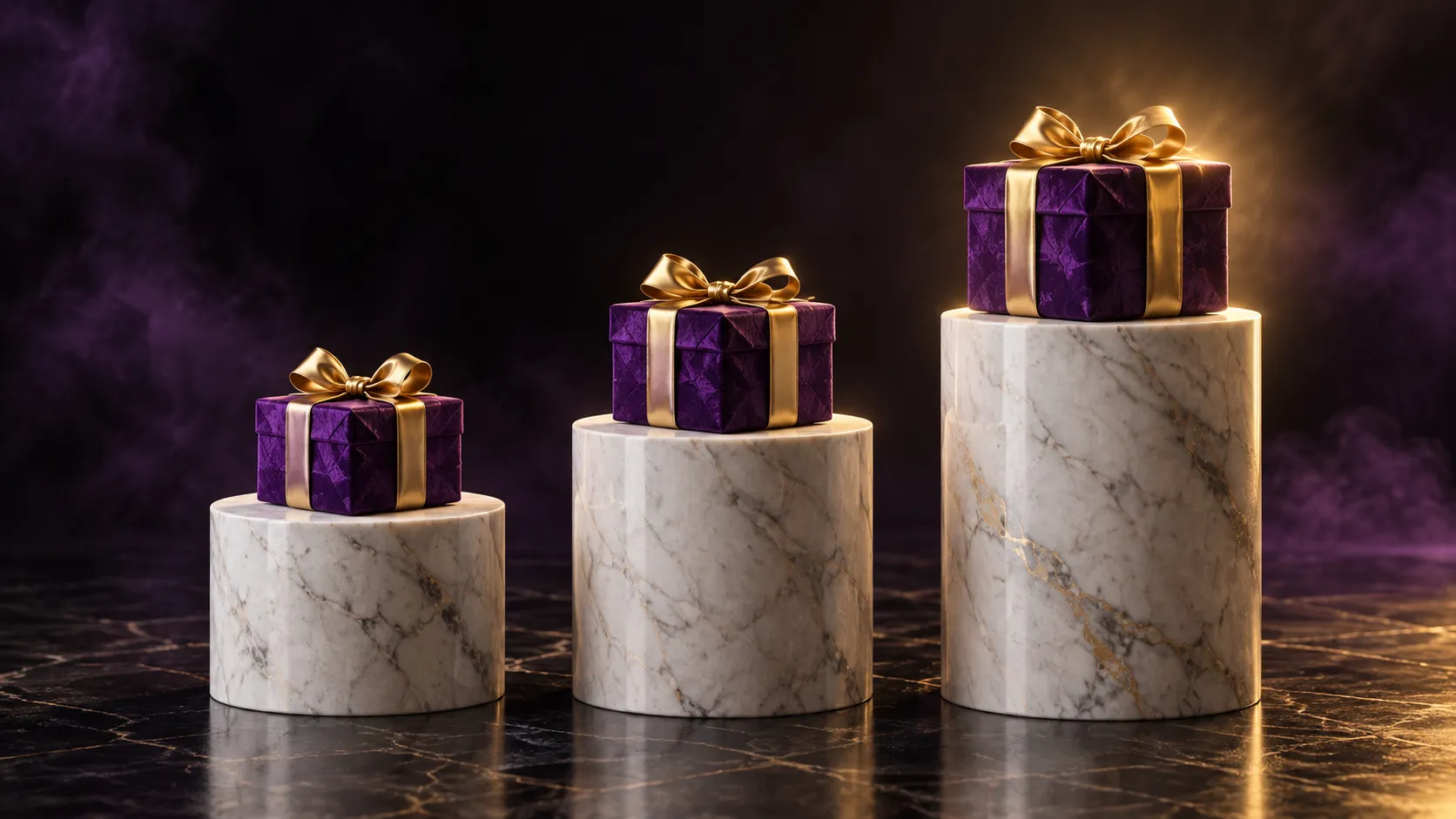 Three lit plinths arranged like risers, symbolising staged weekly deposit rewards