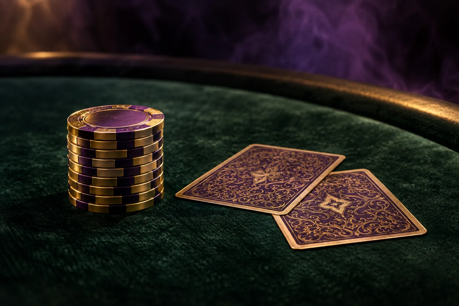 Close-up of a card table's green felt and stacked chips under warm lounge light