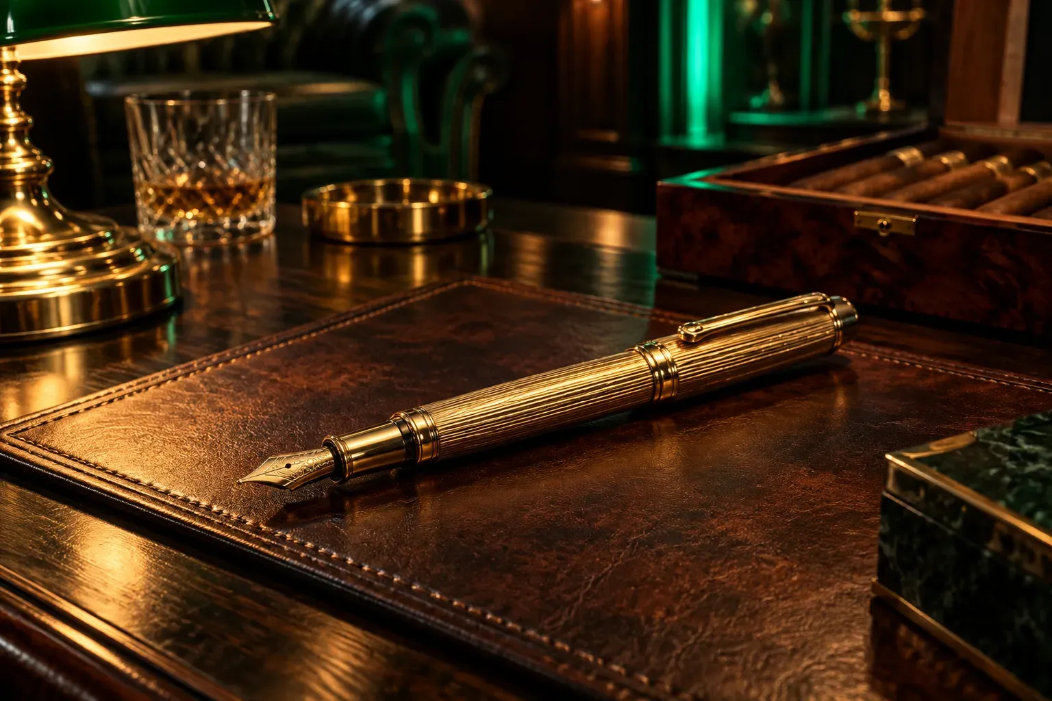 Golden pen resting on a leather blotter under brass lamp light in a cigar lounge