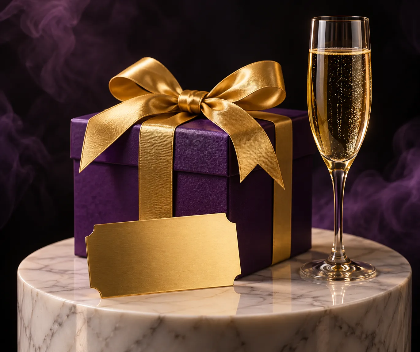 Gift box and ticket presented on a lit pedestal, symbolising the welcome package