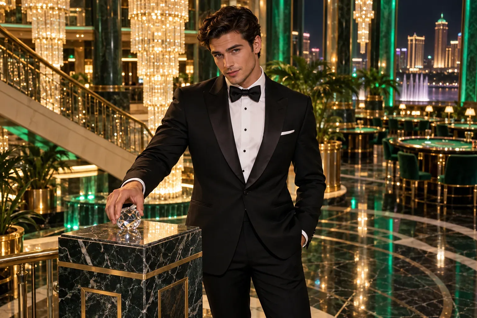 Man in a black tuxedo placing a crystal paperweight on a pedestal in a crystal-lit atrium