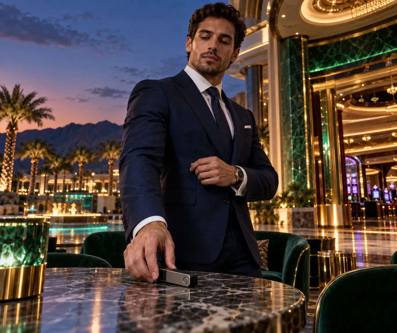 Man in a tailored suit setting a hardware crypto wallet on a marble table at a twilight casino, standing in for Here2Win Casino's payment options